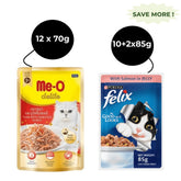 Me-O Delite Tuna with Crab Sticks in Jelly and Purina Felix Salmon with Jelly Adult Cat Wet Food Combo (12+12)